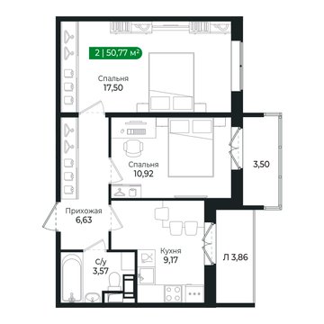 2 комн. квартира, 50.8 м², 7 этаж 