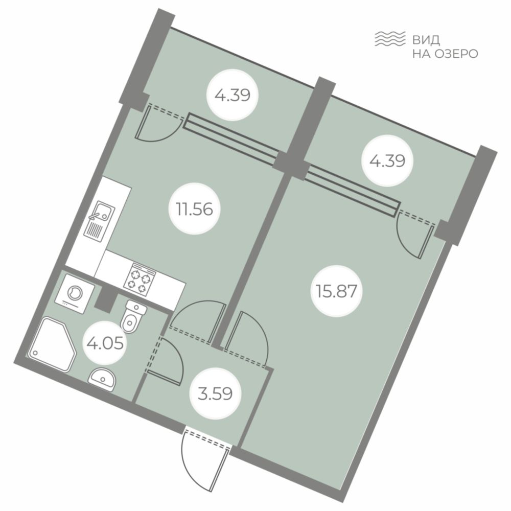 1 комн. квартира, 39.5 м², 1 этаж 