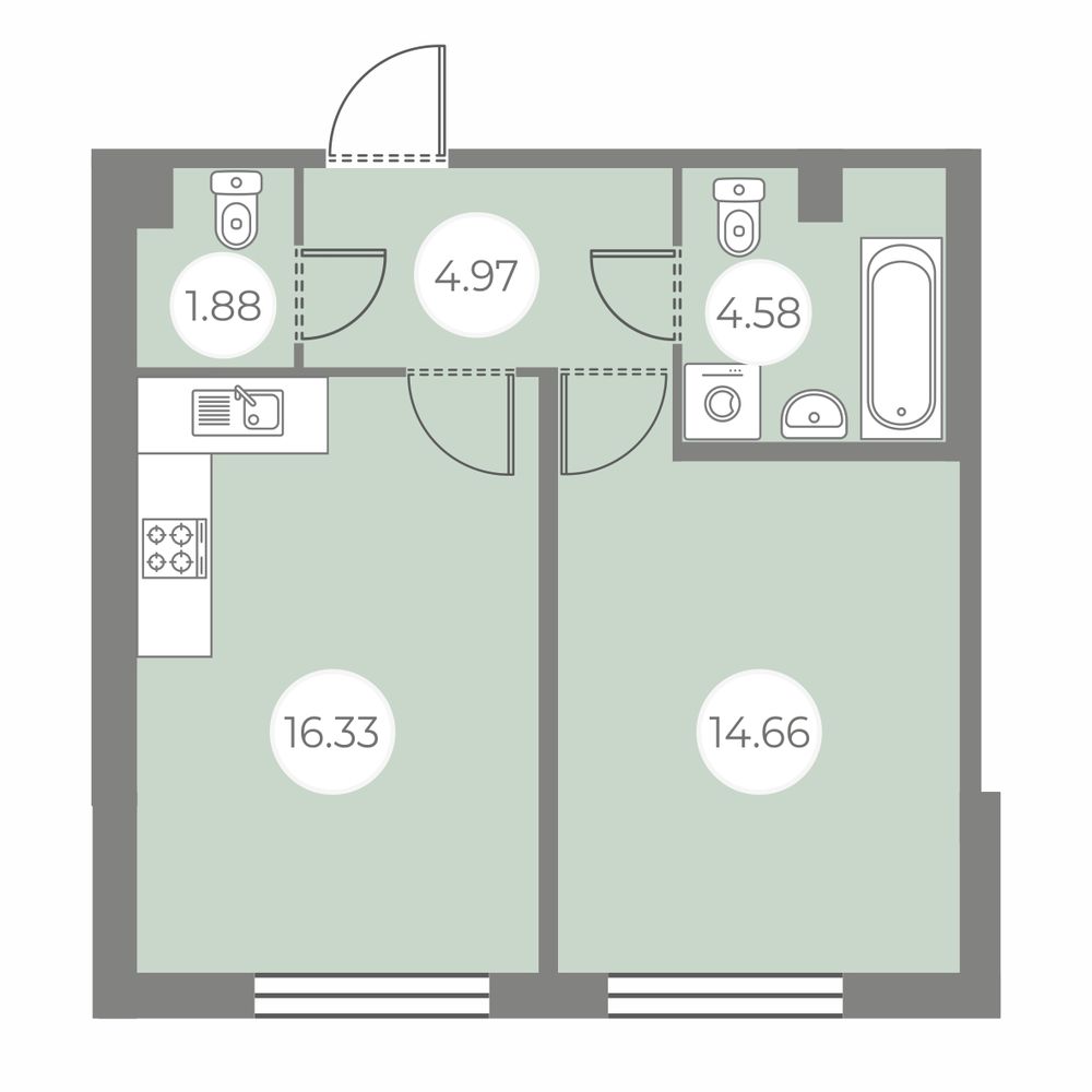 1 комн. квартира, 42.4 м², 1 этаж 