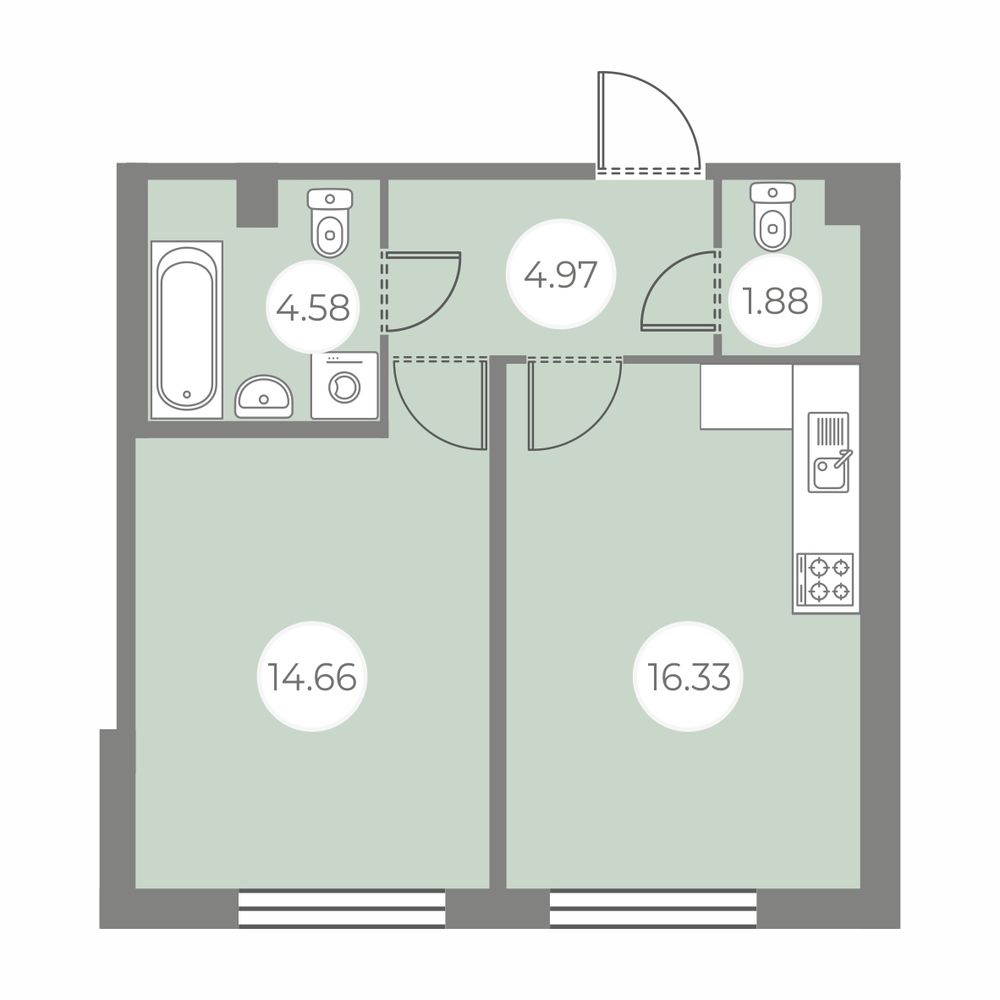 1 комн. квартира, 42.4 м², 1 этаж 