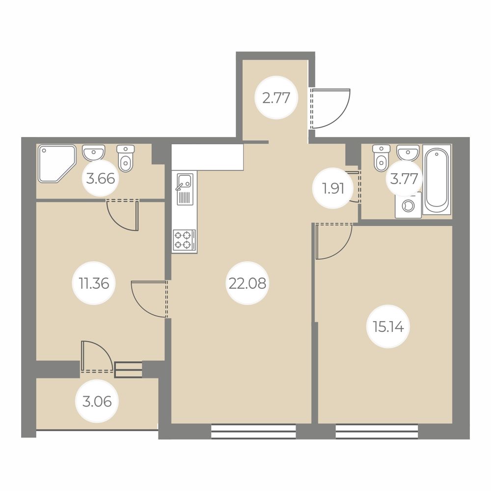 2 комн. квартира, 62.2 м², 1 этаж 
