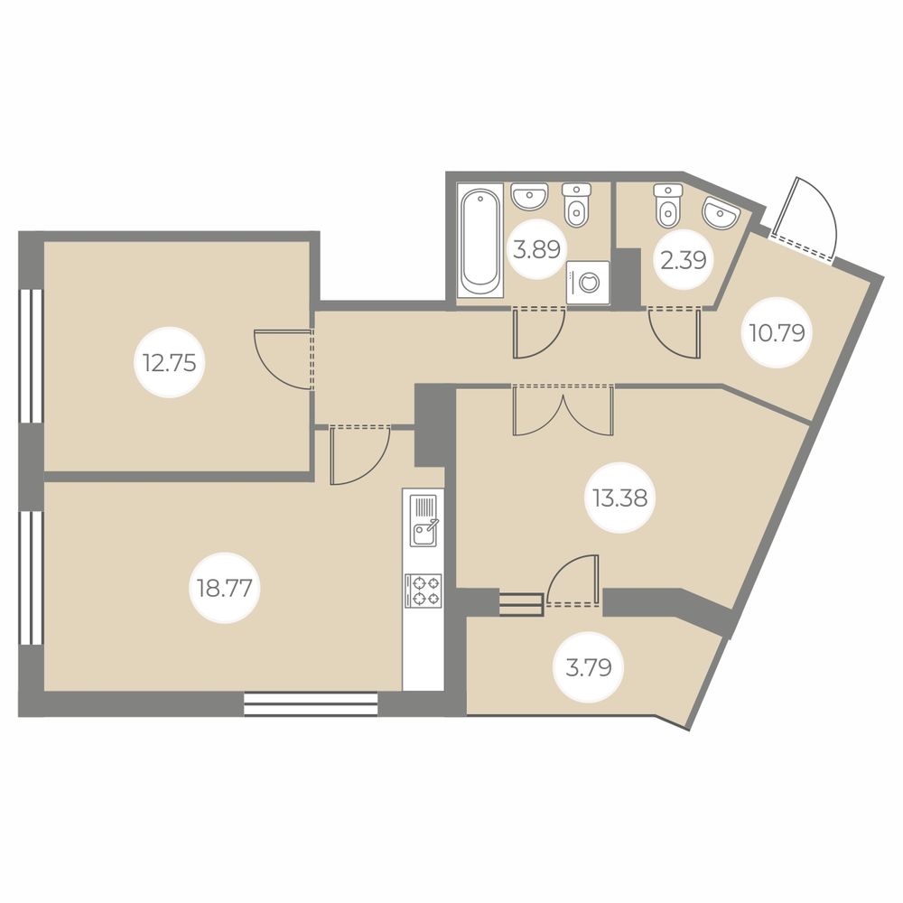 2 комн. квартира, 63.9 м², 2 этаж 