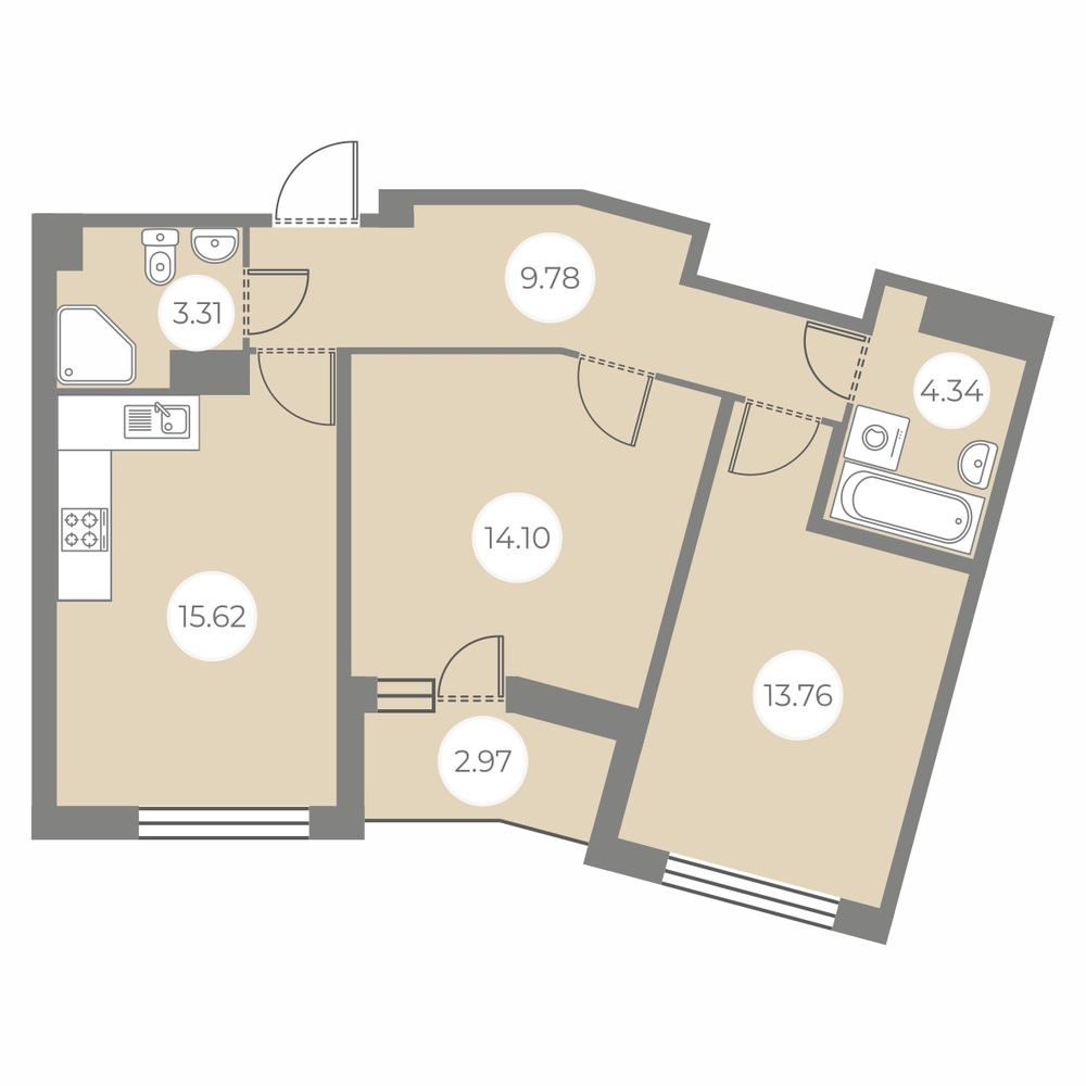 2 комн. квартира, 62.4 м², 2 этаж 