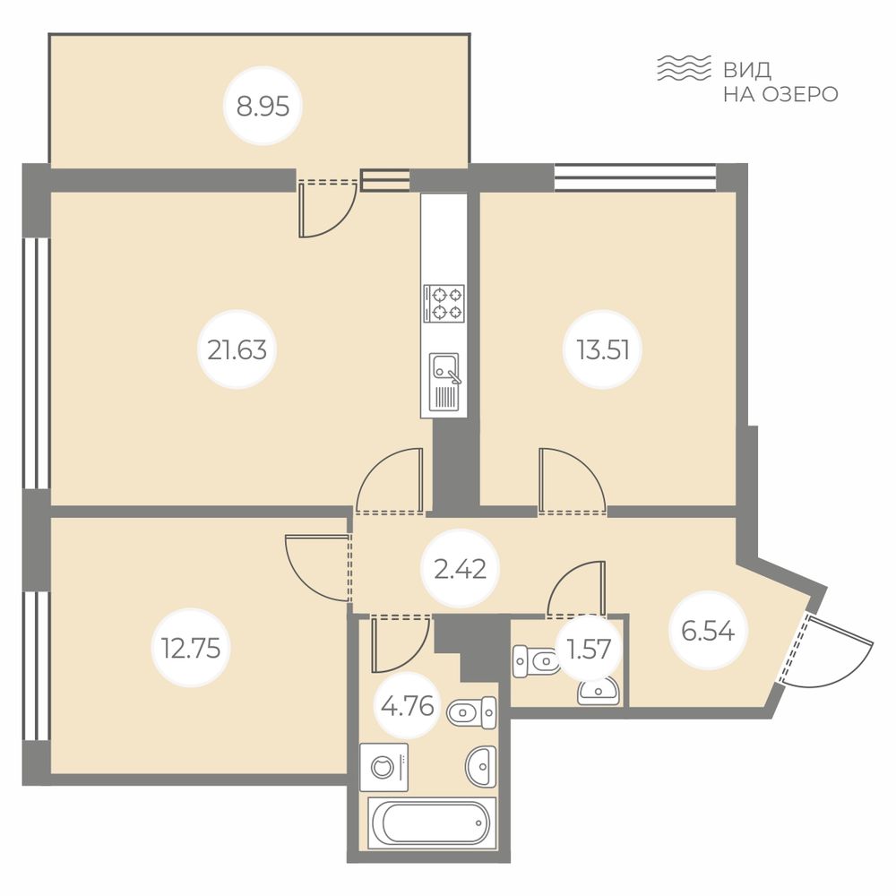 2 комн. квартира, 65.9 м², 2 этаж 