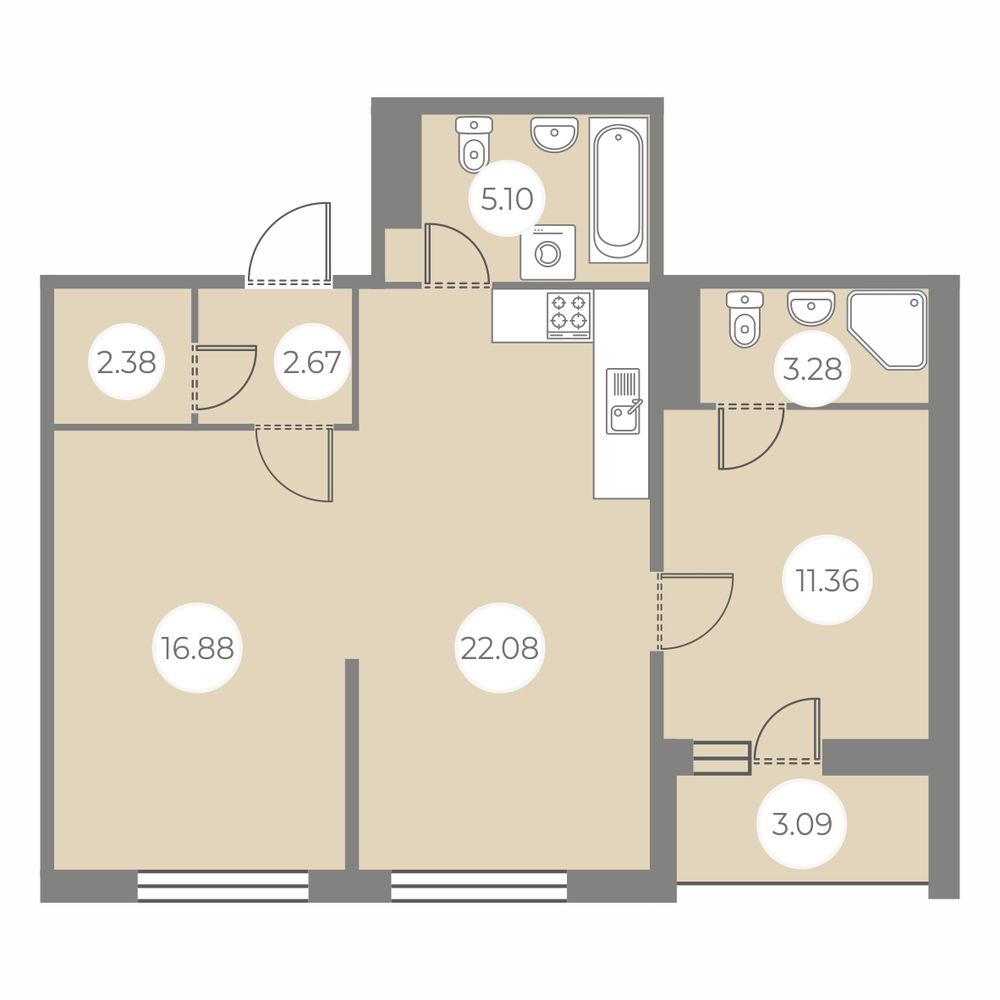 2 комн. квартира, 65.3 м², 3 этаж 