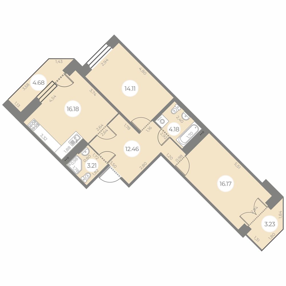 2 комн. квартира, 70.3 м², 13 этаж 