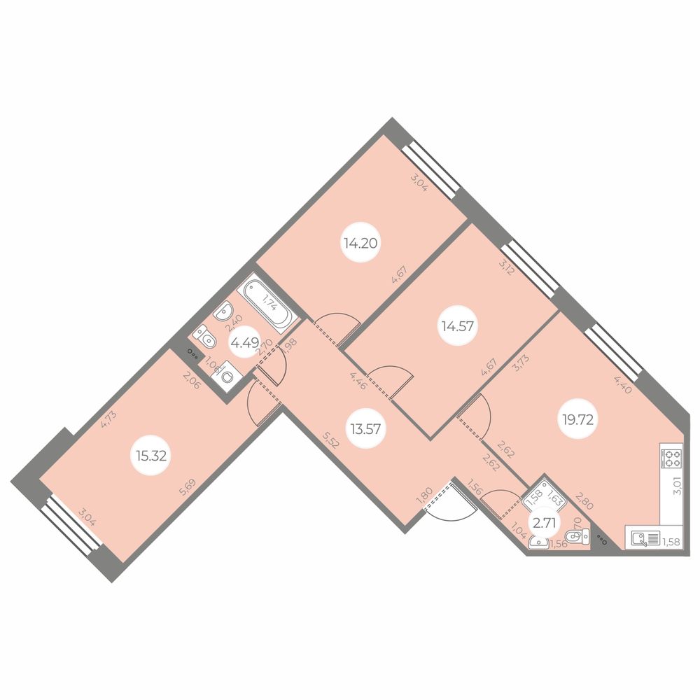 3 комн. квартира, 84.6 м², 2 этаж 