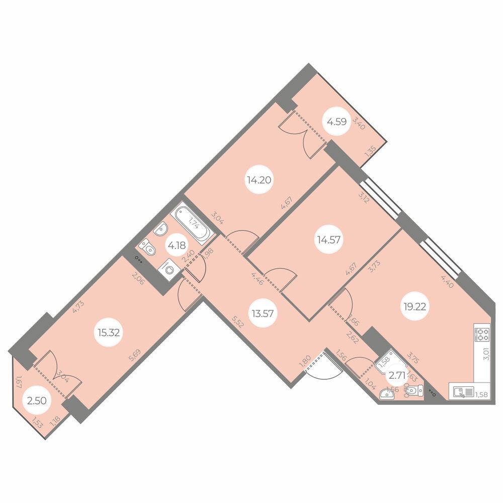 3 комн. квартира, 87.3 м², 3 этаж 