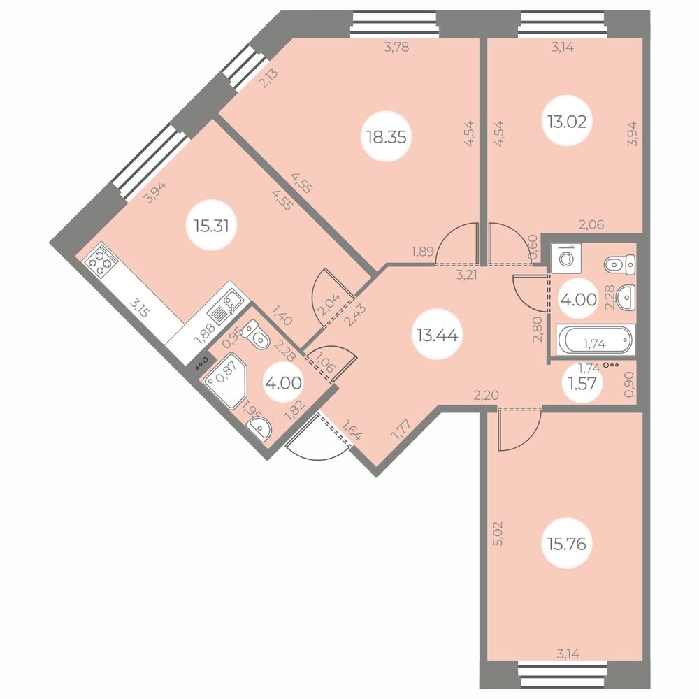 3 комн. квартира, 85.5 м², 2 этаж 
