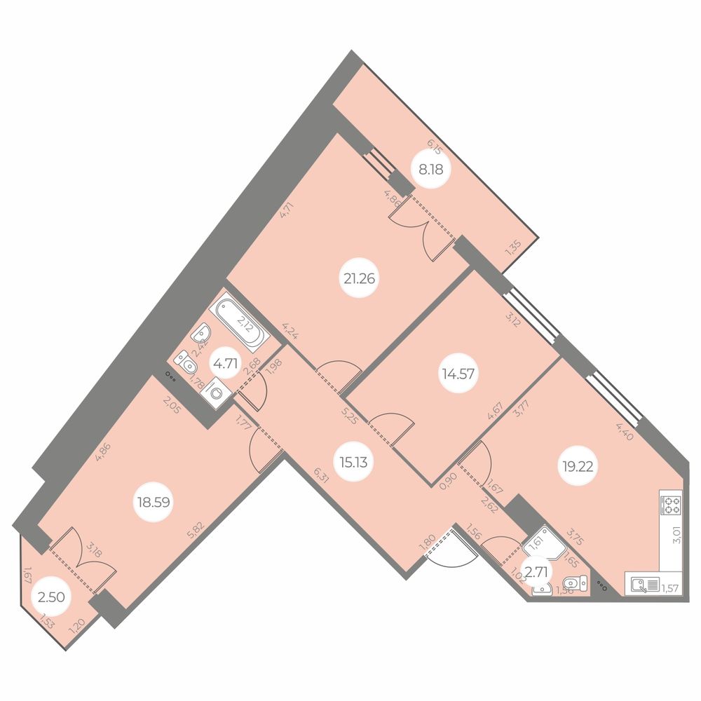 3 комн. квартира, 99.9 м², 17 этаж 
