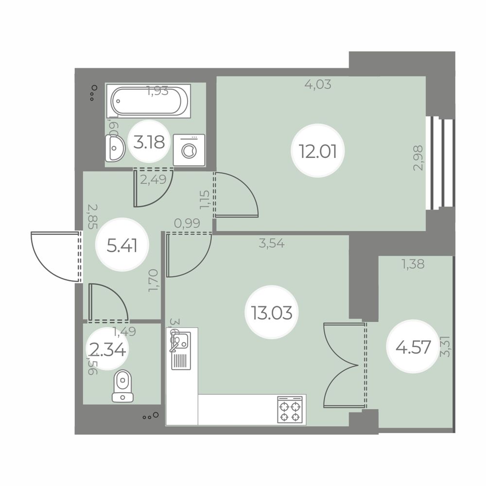 1 комн. квартира, 38.2 м², 13 этаж 