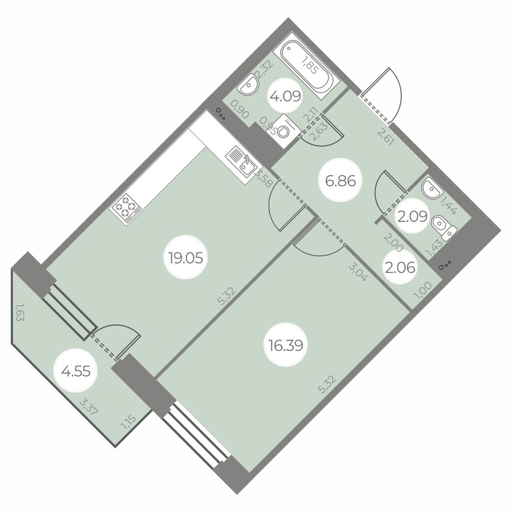 1 комн. квартира, 51.8 м², 14 этаж 