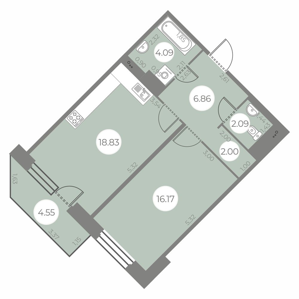 1 комн. квартира, 51.4 м², 19 этаж 
