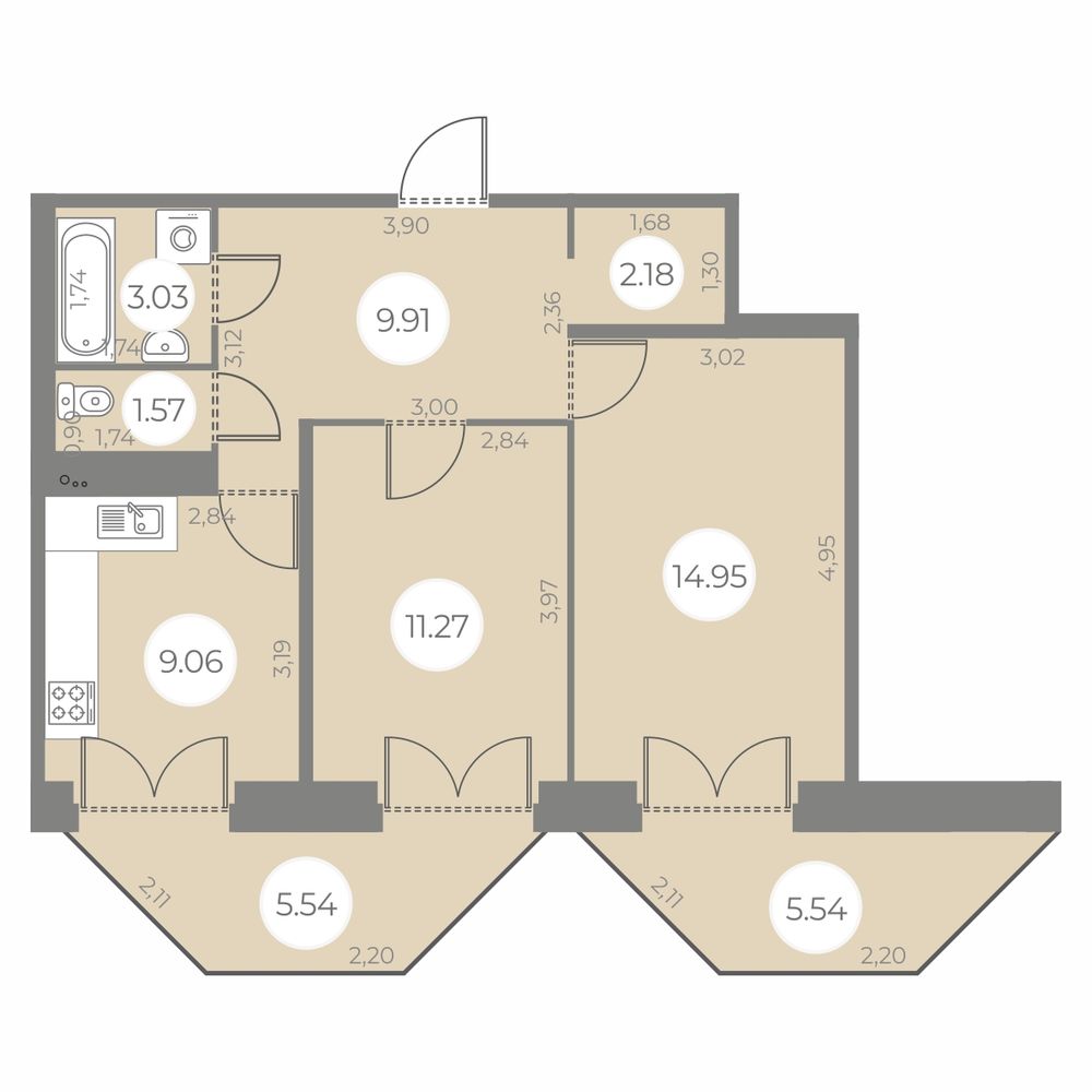 2 комн. квартира, 55.3 м², 18 этаж 