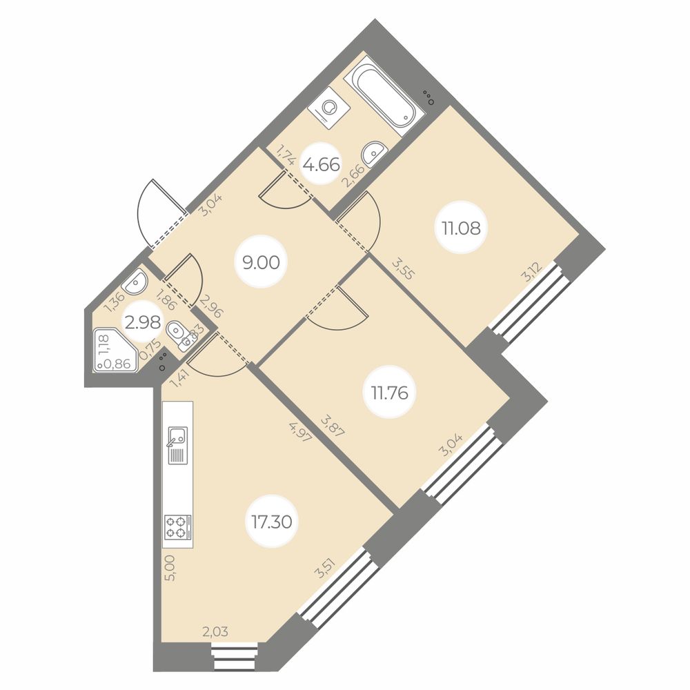 2 комн. квартира, 56.8 м², 2 этаж 