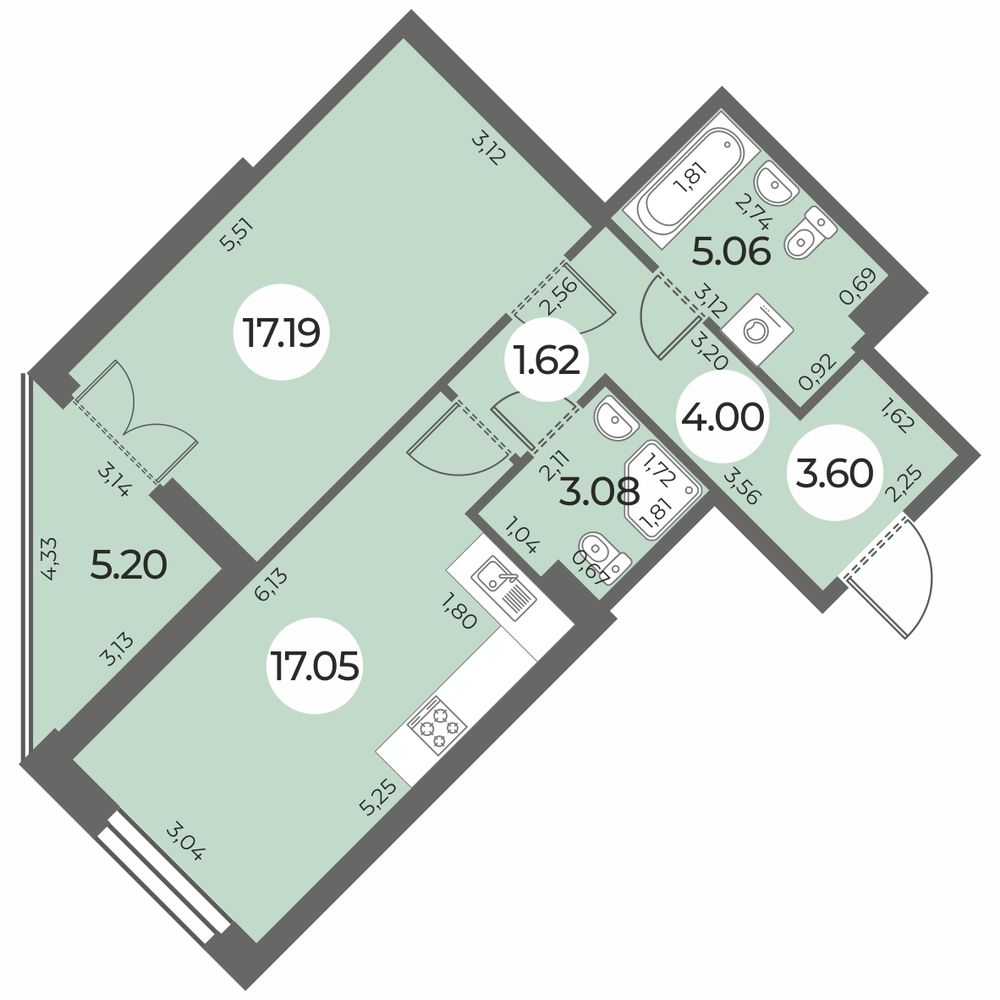 1 комн. квартира, 54.2 м², 3 этаж 
