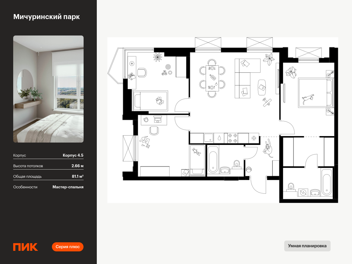 3 комн. квартира, 81.1 м², 14 этаж  (из 32)