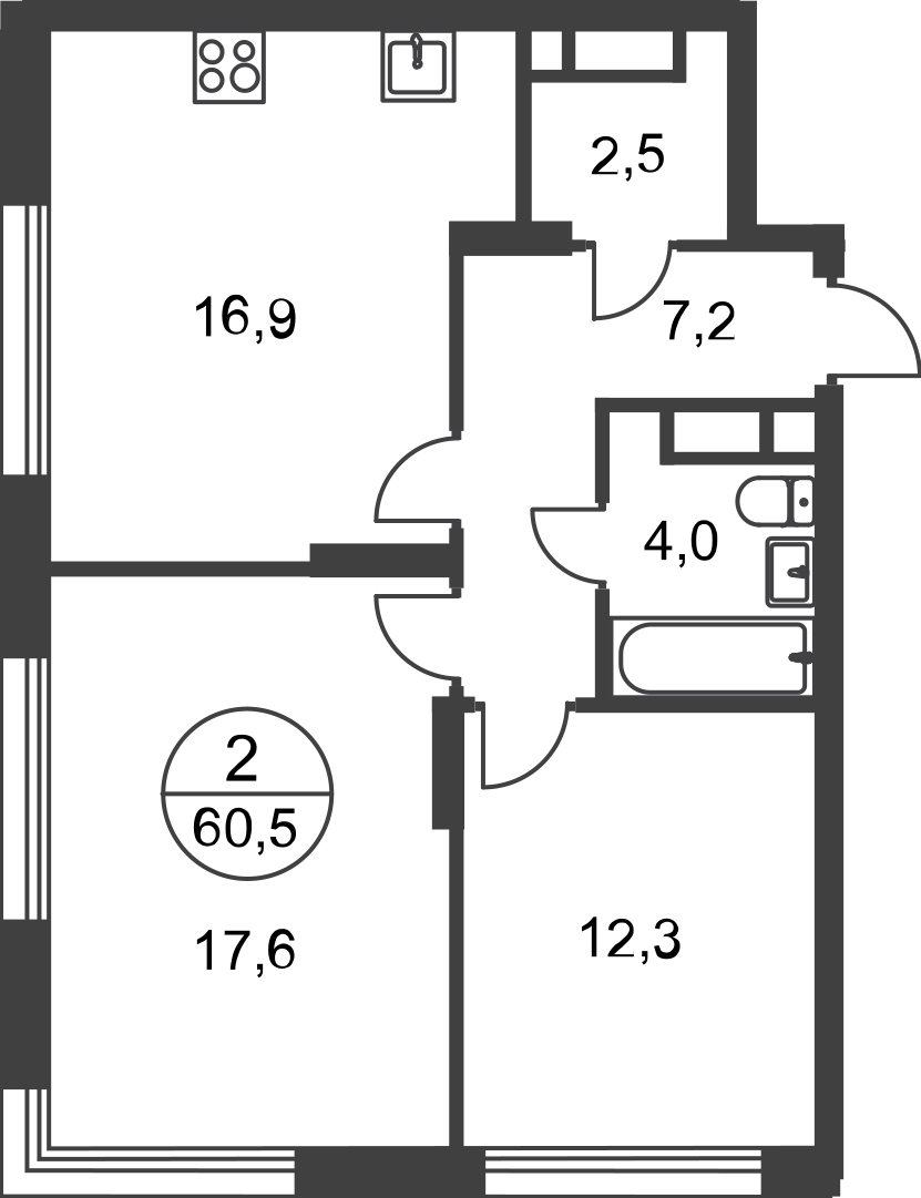 2 комн. квартира, 60.5 м², 16 этаж  (из 17)