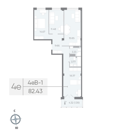 2 комн. квартира, 82.8 м², 7 этаж 