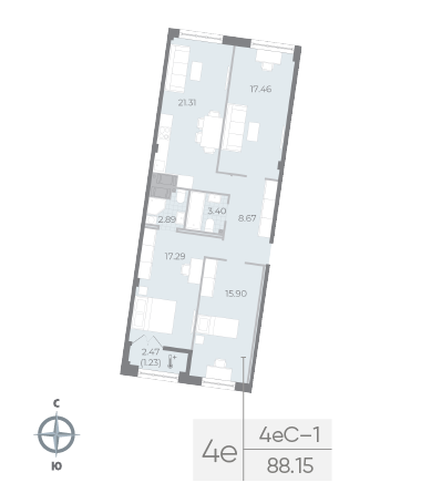 2 комн. квартира, 88.3 м², 7 этаж 