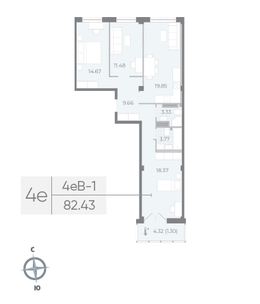2 комн. квартира, 83.1 м², 8 этаж 