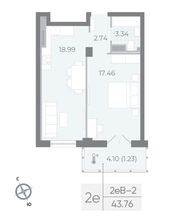 студия, 44.3 м², 6 этаж 