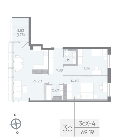 1 комн. квартира, 72.1 м², 8 этаж 