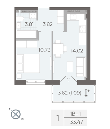 1 комн. квартира, 34 м², 8 этаж 