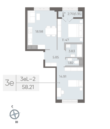 1 комн. квартира, 57.8 м², 8 этаж 
