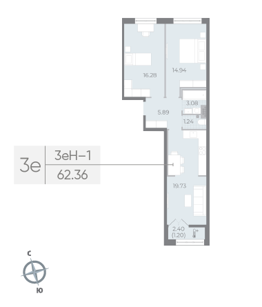 1 комн. квартира, 62.3 м², 5 этаж 