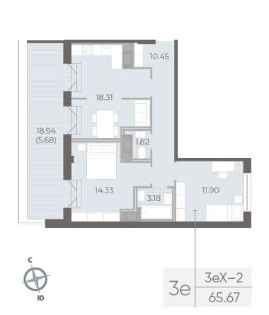1 комн. квартира, 65.9 м², 8 этаж 