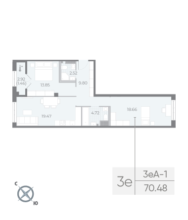 1 комн. квартира, 70.5 м², 8 этаж 
