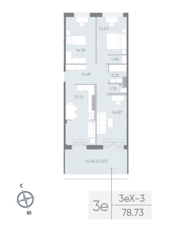 2 комн. квартира, 79 м², 7 этаж 