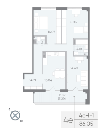 2 комн. квартира, 87.1 м², 8 этаж 