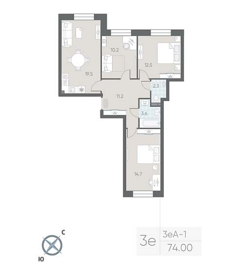 2 комн. квартира, 74 м², 2 этаж 
