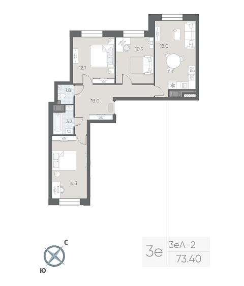 2 комн. квартира, 73.4 м², 3 этаж 