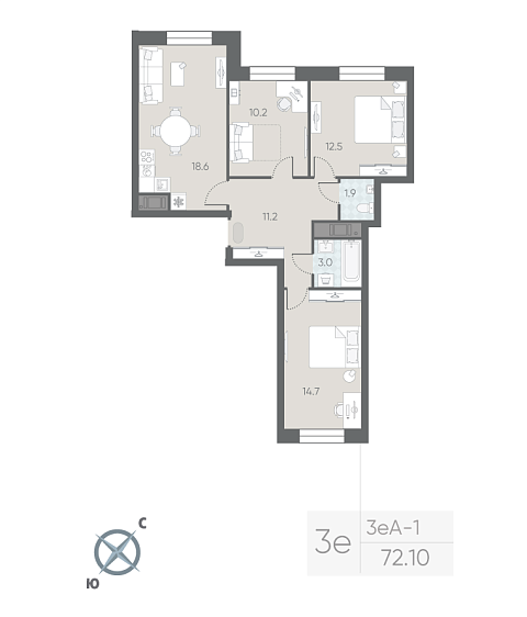 2 комн. квартира, 72.1 м², 10 этаж 