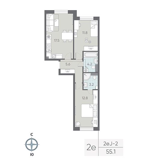 1 комн. квартира, 55.1 м², 2 этаж 
