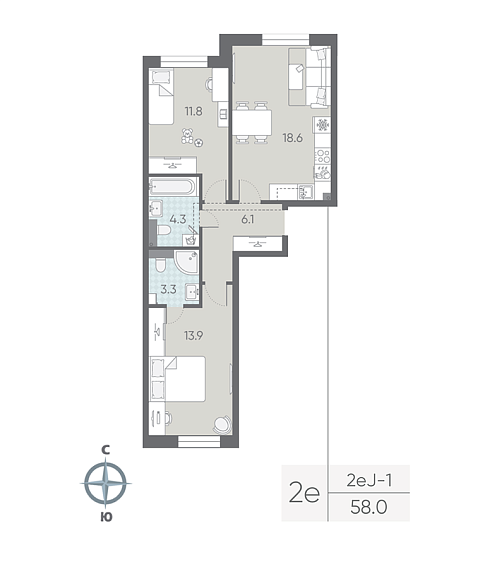 1 комн. квартира, 58 м², 2 этаж 