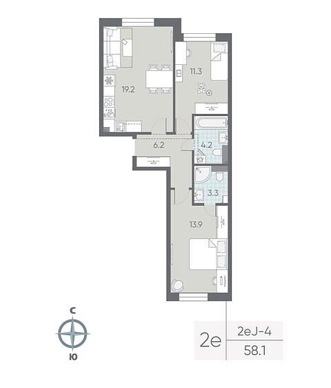 1 комн. квартира, 58.1 м², 2 этаж 