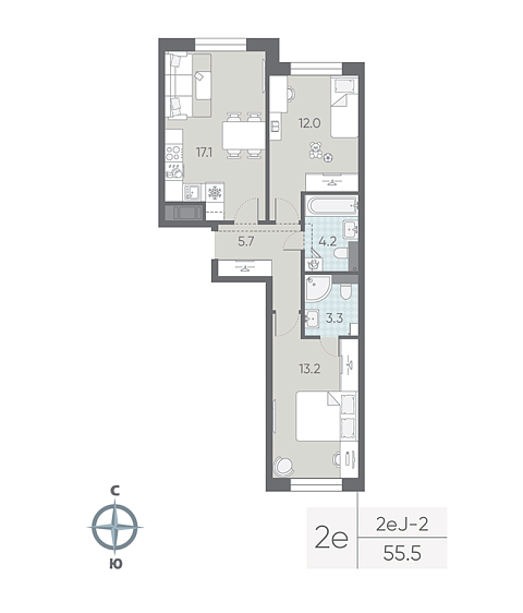 1 комн. квартира, 55.5 м², 10 этаж 