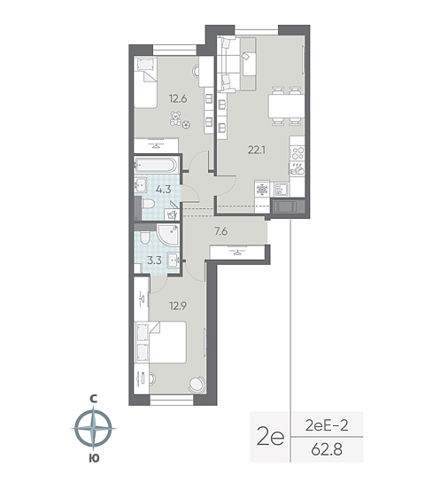1 комн. квартира, 62.8 м², 5 этаж 