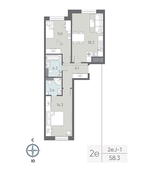1 комн. квартира, 58.3 м², 3 этаж 