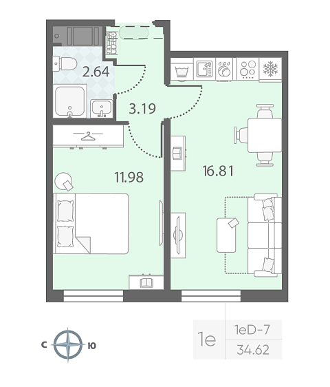 студия, 34.6 м², 11 этаж 