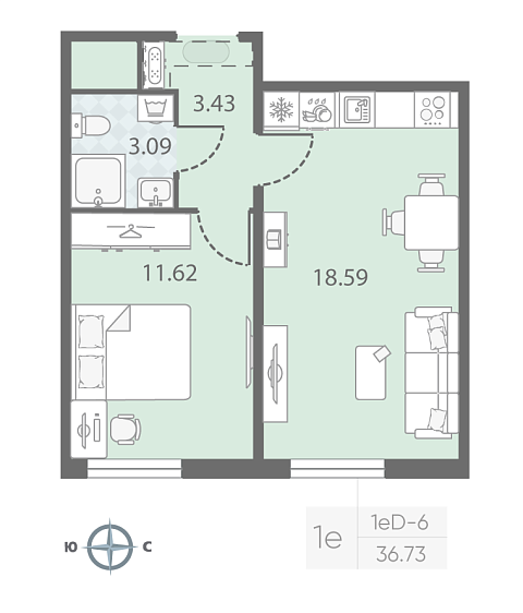 студия, 36.7 м², 16 этаж 