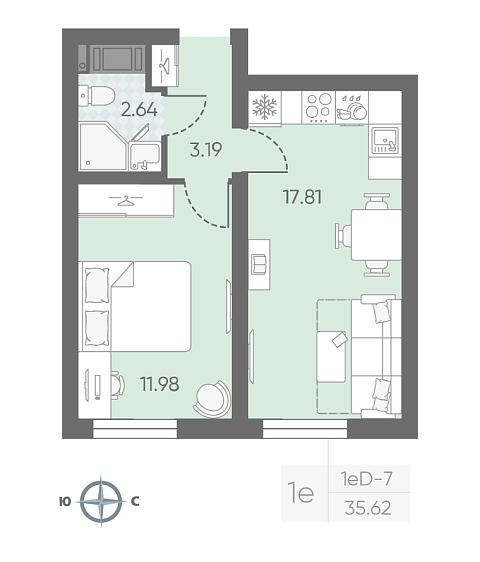 студия, 35.7 м², 15 этаж 