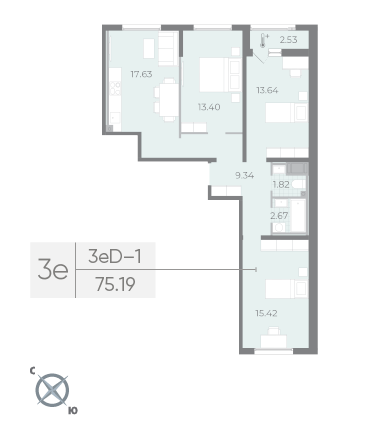 2 комн. квартира, 74.9 м², 14 этаж 