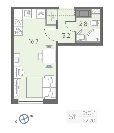 студия, 22.7 м², 9 этаж 