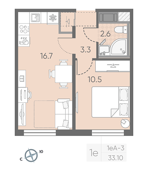 студия, 33.1 м², 9 этаж 