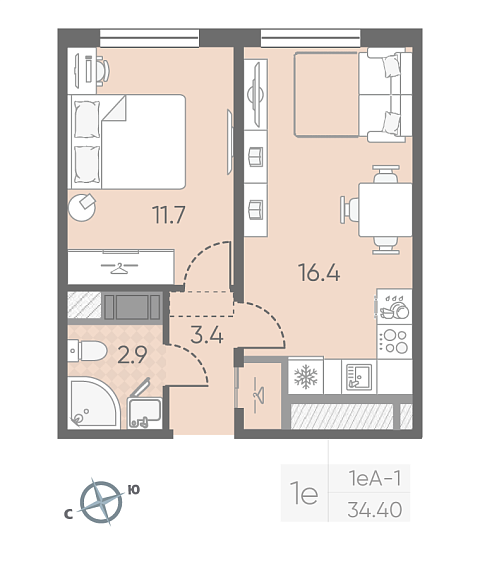 студия, 34.4 м², 9 этаж 